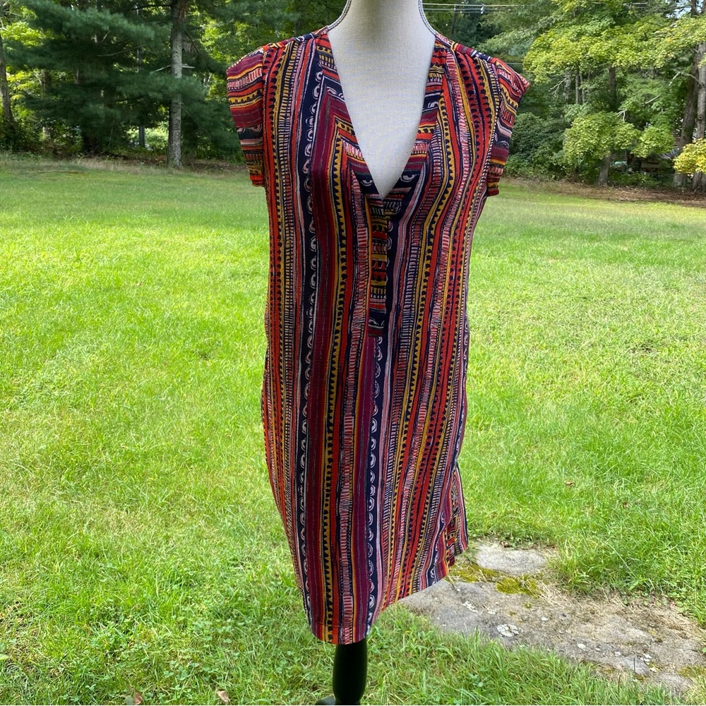 SAM EXELMAN DRESS MINI SHIFT SLEEVELESS V-NECK BLUE RED ORANGE TRIVAL SIZE S